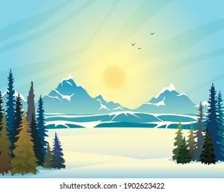 Winter landscape. Blue mountains with snow and green forest on a blue sky with sunset. Vector wild nature illustration.