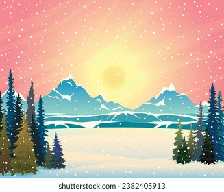 Winterlandschaft. Blaue Berge mit Schnee und Wald auf rosafarbenem Sonnenuntergang. Vektorgrafik.