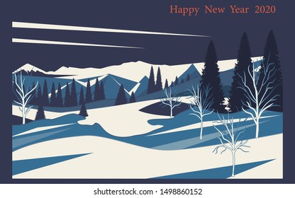 Winter landscape blue white background - snowy mountains, trees, pines, spruce - flat style - illustration, vector. Happy New Year 2020.