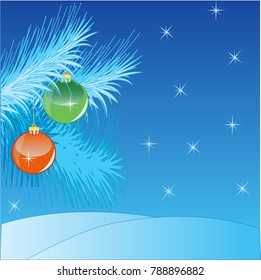 Winter landscape with branch and toy.Vector illustration