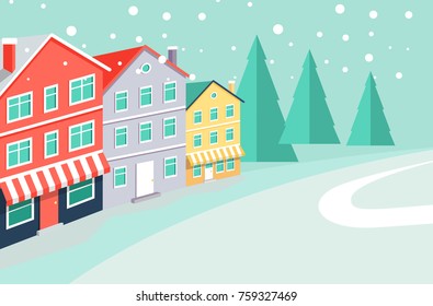 Winter landscape with buildings that have markets at ground floors, evergreen tall spruces on horizon and thin path cartoon vector illustration.
