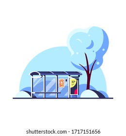 Winter landscape with bus stop and tree isolated on white background. Flat style vector illustration.