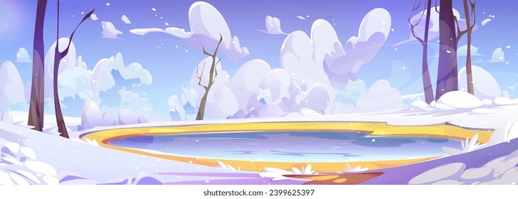 Winterlandschaft mit Sträuchern und Bäumen um den schneebedeckten See. Cartoon, Vektorgrafik der natürlichen kalten schneebedeckten Landschaft mit gefrorenem Wasser im Teich, Ufer mit Pflanzen und Himmel mit weißen Wolken.