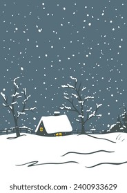 Winter landscape with cabin at night 