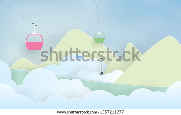 Winter landscape with cable car, Winter season,\
Paper layer cut, Craft\
vector