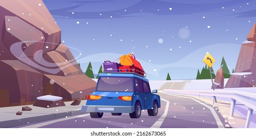 Winter landscape with car with luggage drive on road. Vector cartoon illustration of roadtrip, vacation travel. Nature scene with mountains, trees, snow and auto with baggage on roof on highway