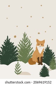 Winter landscape card design with fox animal. Vector illsutration. Winter christmas scenery woodland banner, poster design.