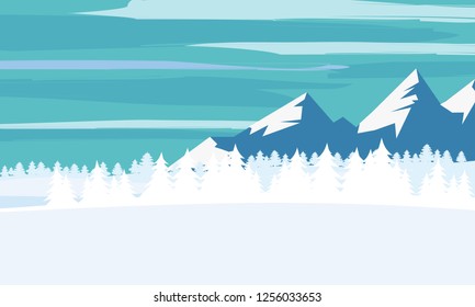 Winter landscape, cartoon minimal style. Horizon, panorama, snow-covered trees, village, mountains, ate, pine. Vector, illustration, isolated, template, poster, banner