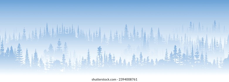 Paisaje invernal, naturaleza cartográfica, bosque en la niebla, ilustración vectorial