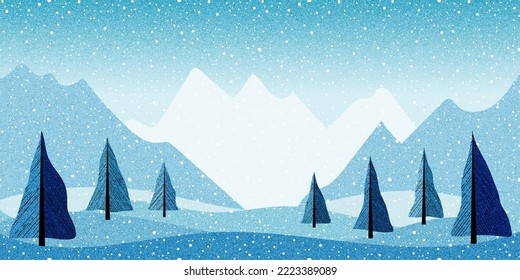 Winter landscape, cartoon nature, mountains with forest and falling snow