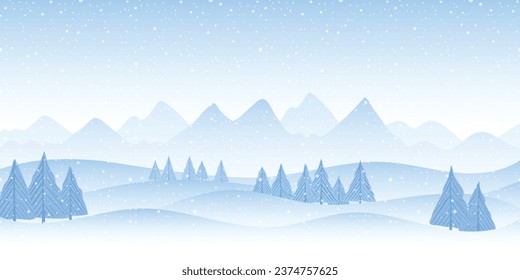 Winter landscape, cartoon nature, mountains with forest and falling snow