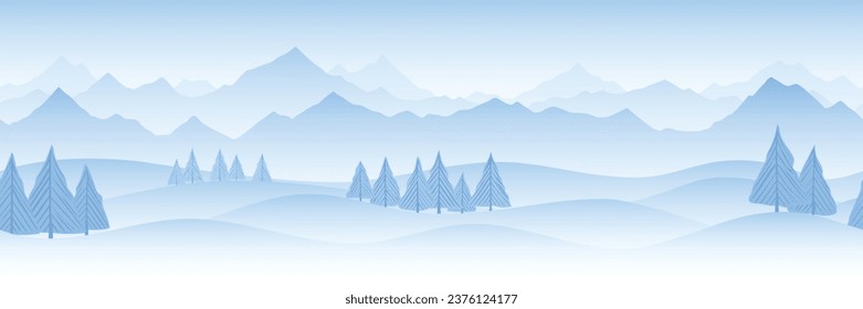 Winter landscape, cartoon nature, mountains with forest and falling snow
