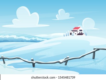 Winter landscape cartoon vector illustration. Houses on snowy hill. Rural area in cold day. Frosty nature view. Countryside in wintertime. New year and christmas card design. Seasonal background