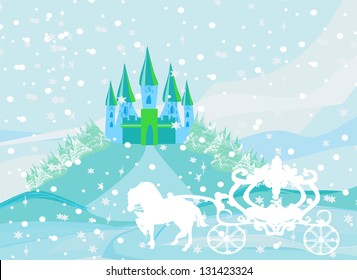 Winter landscape with castle and beautiful carriage