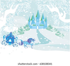 Winter landscape with castle and carriage 
