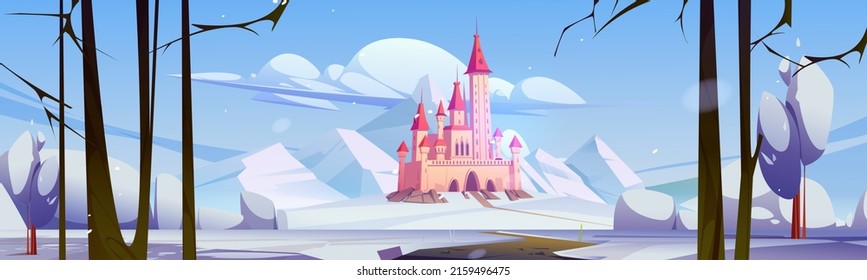 Winter landscape with castle, mountains, white snow and road. Vector cartoon illustration of royal palace, old chateau with towers on hill, snowy land with path and bare trees