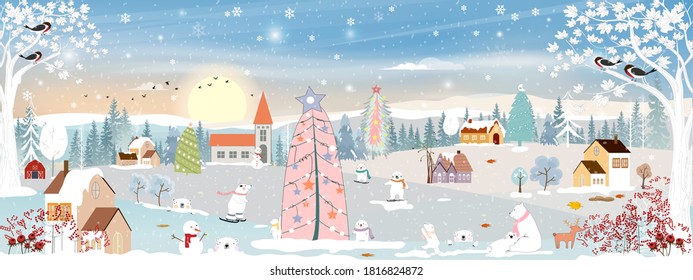 Winter landscape, Celebrating Christmas and new year in village at night with star and blue sky, Vector of horizontal banner winter wonderland in countryside with happy polar bear playing in the park 