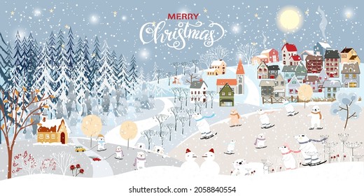 Winter landscape, Celebrating Christmas and new Year 2022 in village at night with happy polar bear playing playing ice skates in the park,Vector of horizontal banner winter wonderland in countryside 
