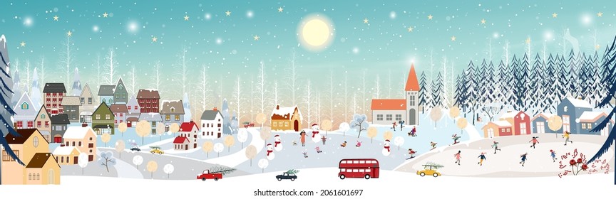 Winter landscape, Celebrating Christmas and new Year 2023 in village at night with happy polar bear playing playing ice skates in the park,Vector of horizontal banner winter wonderland in countryside 