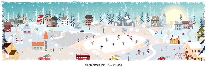 Winter landscape, Celebrating Christmas and new Year 2023 in village at night with happy polar bear playing playing ice skates in the park,Vector of horizontal banner winter wonderland in countryside