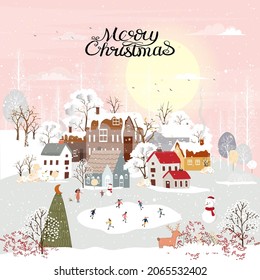 Winter landscape, Celebrating Christmas and new Year 2022 in village at night with happy people playing playing ice skates in the park,Vector of horizontal banner winter wonderland in countryside