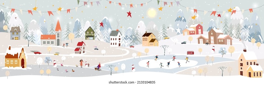 Winter landscape, Celebrating Christmas and new Year 2025 in village at night with happy polar bear playing playing ice skates in the park,Vector of horizontal banner winter wonderland in countryside 