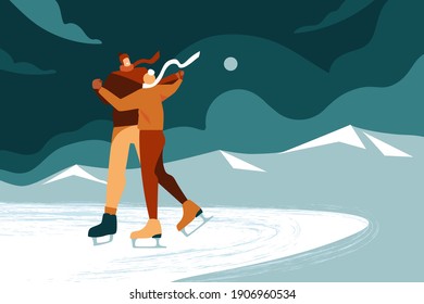 Winter landscape, characters skating together. Beautiful couple man and woman ice skating at night, romantic date in the mountains on an outdoor ice rink. Modern flat design, ice skating.