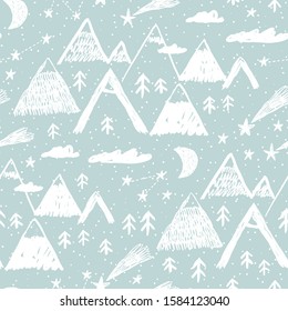 Winter landscape. Childish seamless pattern with mountain, forest, snow and stars. Vector illustration for gift wrapping paper, textile, surface textures, childish design.