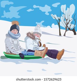 Winter landscape, children ride on ice, sled in the park, where there is a lot of snow, vector illustration in blue tones