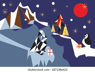 Winter landscape. Christmas background with penguins. Festive winter print. Vector illustration in a flat style. Arctic winter.