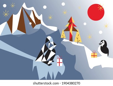 Winter landscape. Christmas background with penguins. Festive winter print. Vector illustration in a flat style. Arctic winter.