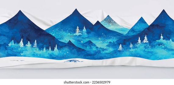 Winter landscape in Christmas blue and white tones with snowdrifts, mountain village, forest, pine trees, reindeer. Holiday nature background with fox, hills, houses. Christmas panoramic banner with c