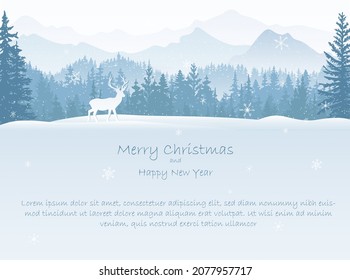 Winter landscape Christmas card. Deer in snow, forest and mountains in the background. Magical misty nature, wildlife. Merry Christmas and Happy New Year. 