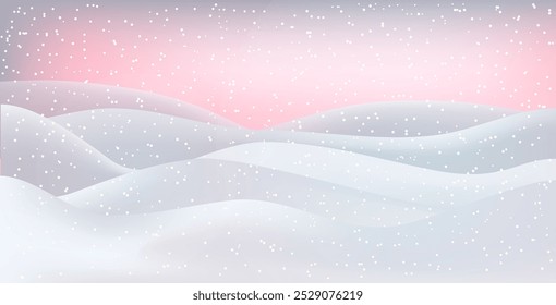 Winter landscape. Christmas card. Happy New Year card. A Christmas winter landscape with drifts of snow. 3D realistic snow background. Snow drifts isolated on hilly background. Christmas Vector illust