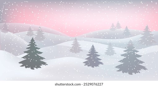 Winter landscape. Christmas card. Happy New Year card. A Christmas winter landscape with drifts of snow. 3D realistic snow background. Snow drifts isolated on hilly background. Christmas Vector illust