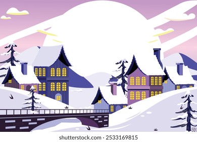 Winter landscape, christmas december, snowy scenery, marry xmas, vector background