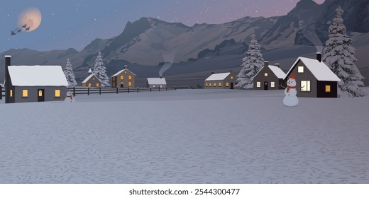 Winterlandschaft am Heiligen Abend mit schneebedeckter Kleinstadt. Frohe Weihnachten und Frohes neues Jahr Grußkartenvorlage.