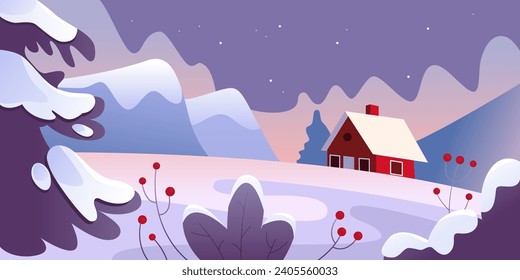 Winter Landscape in Christmas Eves at Night in Village. Winter Mountains Snowy Landscape with Forest, hills and House. Banner Design for Holiday Season. Vector Illustration.