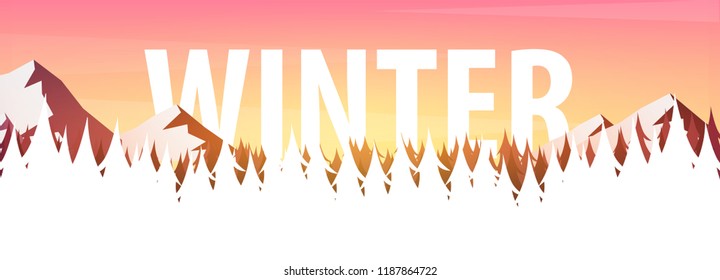 Winter Landscape. Christmas forest woods with mountains. Vector illustration