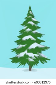 Winter Landscape, Christmas Holiday Green Fir Tree, Snow and Blue Sky, Low Poly. Vector