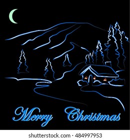 winter landscape, Christmas holiday and the new year, vector illustration, night, moon