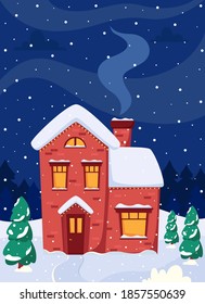 Winter landscape with Christmas house, fir-trees. Vector illustration.