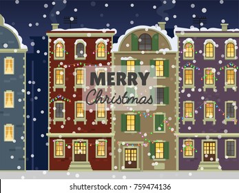 Winter landscape with christmas houses firtree mountain frozen nature wallpaper vintage beautiful nature. Xmas season december card vector background. Snowflake and snow winter background.