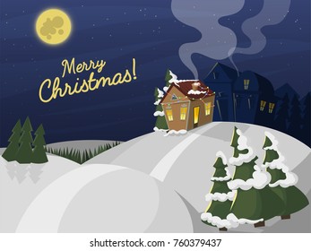 Winter landscape with christmas houses firtree mountain frozen nature wallpaper beautiful natural vector illustration.