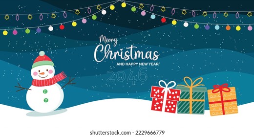 Winter landscape christmas light snowman gift happy new year snowy vector background. 