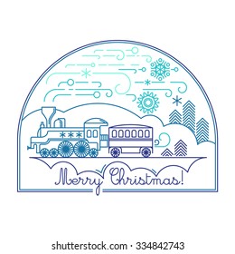 Winter landscape with Christmas locomotive in linear style. Merry Christmas!