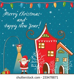 Winter landscape with Christmas motifs.Vector illustration.