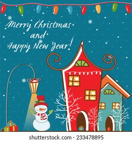 Winter landscape with Christmas motifs.Vector illustration.