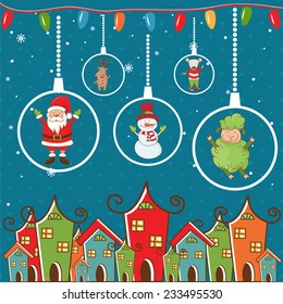 Winter landscape with Christmas motifs.Vector illustration.