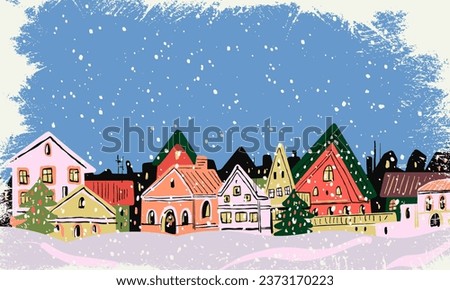 Winter landscape. Christmas night in a small town. Vector illustration.